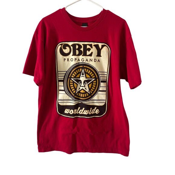 Obey Other - Obey Propaganda Worldwide Graphic T-Shirt Red Crewneck Short Sleeve Cotton Mens